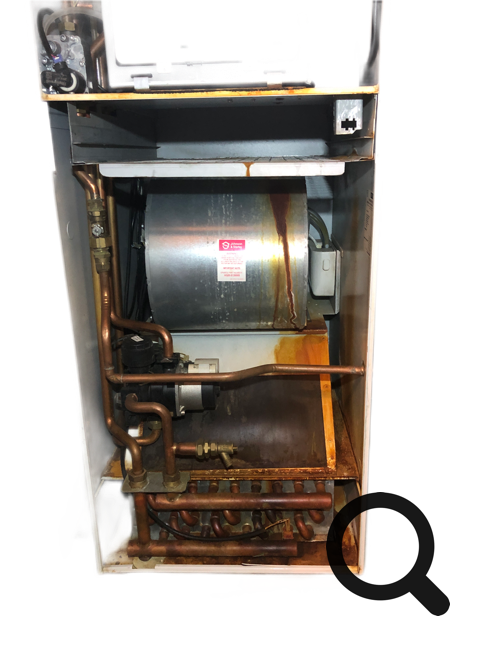 Johnson and Starley C26DW showing condensate leak damage