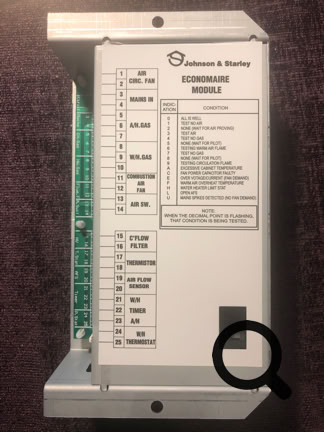 Economaire control board error codes, printed on the metal case.